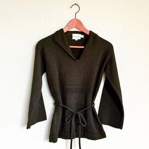 Vintage 60s Belted Black Collared Fully Fashioned Mod Sweater Size M